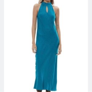 YFB Sleeveless Teal Halter Keyhole Maxi Wedding Guest Dress